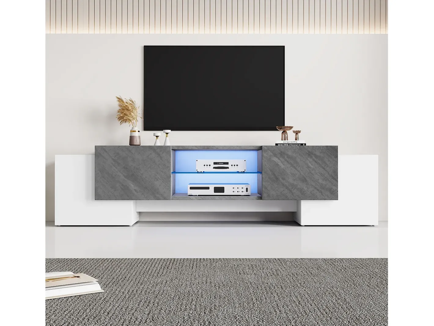 Móvel para TV - com 4 portas - com iluminação LED - para televisores 80/75/70/65/55 polegadas - branco + cinza*ModernLuxe Best