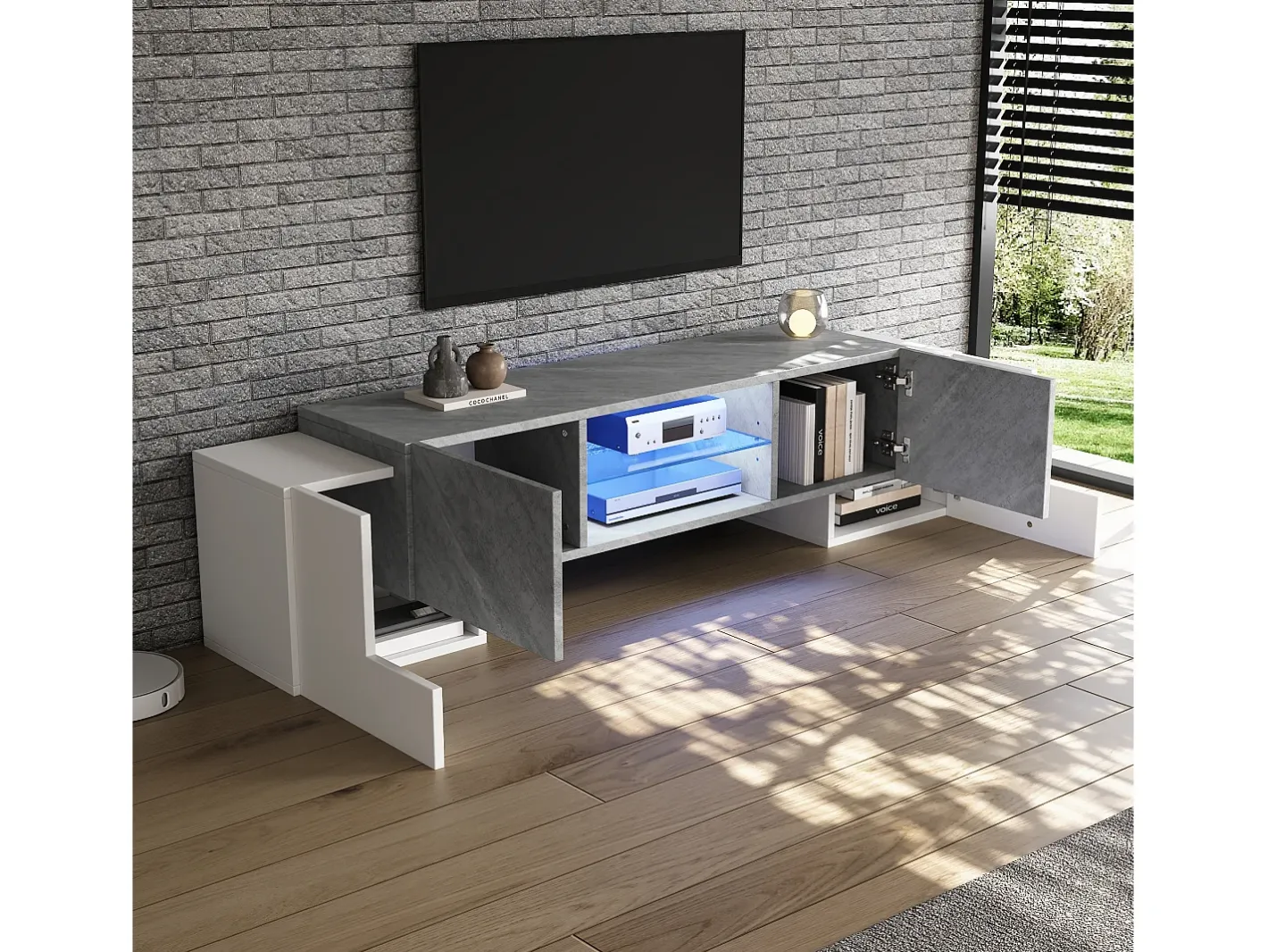 Móvel para TV - com 4 portas - com iluminação LED - para televisores 80/75/70/65/55 polegadas - branco + cinza*ModernLuxe Best