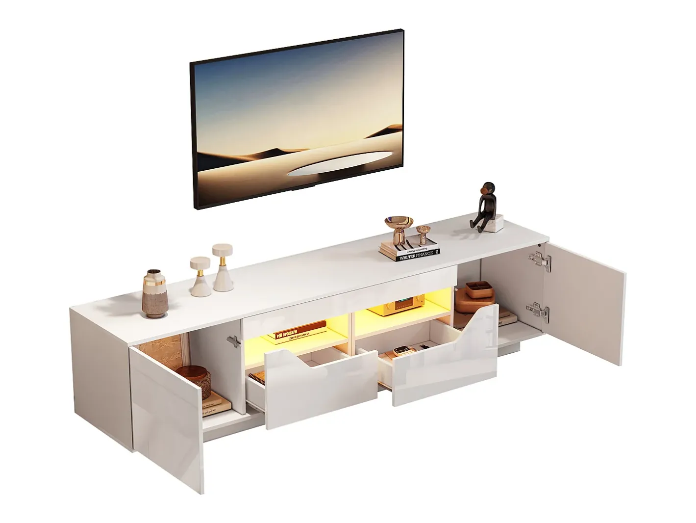 Móvel para TV brilhante 180×40×45 cm - com iluminação LED - 2 gavetas e 2 portas - Compatível com TVs de 75 polegadas -*ModernLuxe Sale
