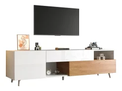 Móvel para TV brilhante 180×38×50 cm - 2 portas e 1 gaveta - Compatível com TVs de 75 polegadas - branco e natural^ModernLuxe Online