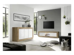 Best Móvel para TV de 2 portas sem iluminação ACCESS. Cor branca e carvalho escuro. Móvel De Tv