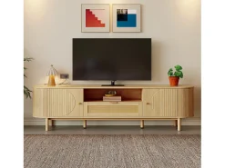 Móvel para TV moderno 175×36×51 cm - com 2 portas e 1 gaveta de vime - prateleiras abertas - natural*ModernLuxe Clearance