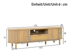 Móvel para TV moderno 175×36×51 cm - com 2 portas e 1 gaveta de vime - prateleiras abertas - natural*ModernLuxe Clearance