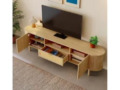 Móvel para TV moderno 175×36×51 cm - com 2 portas e 1 gaveta de vime - prateleiras abertas - natural*ModernLuxe Clearance