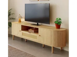 Móvel para TV moderno 175×36×51 cm - com 2 portas e 1 gaveta de vime - prateleiras abertas - natural*ModernLuxe Clearance