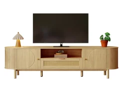 Móvel para TV moderno 175×36×51 cm - com 2 portas e 1 gaveta de vime - prateleiras abertas - natural*ModernLuxe Clearance