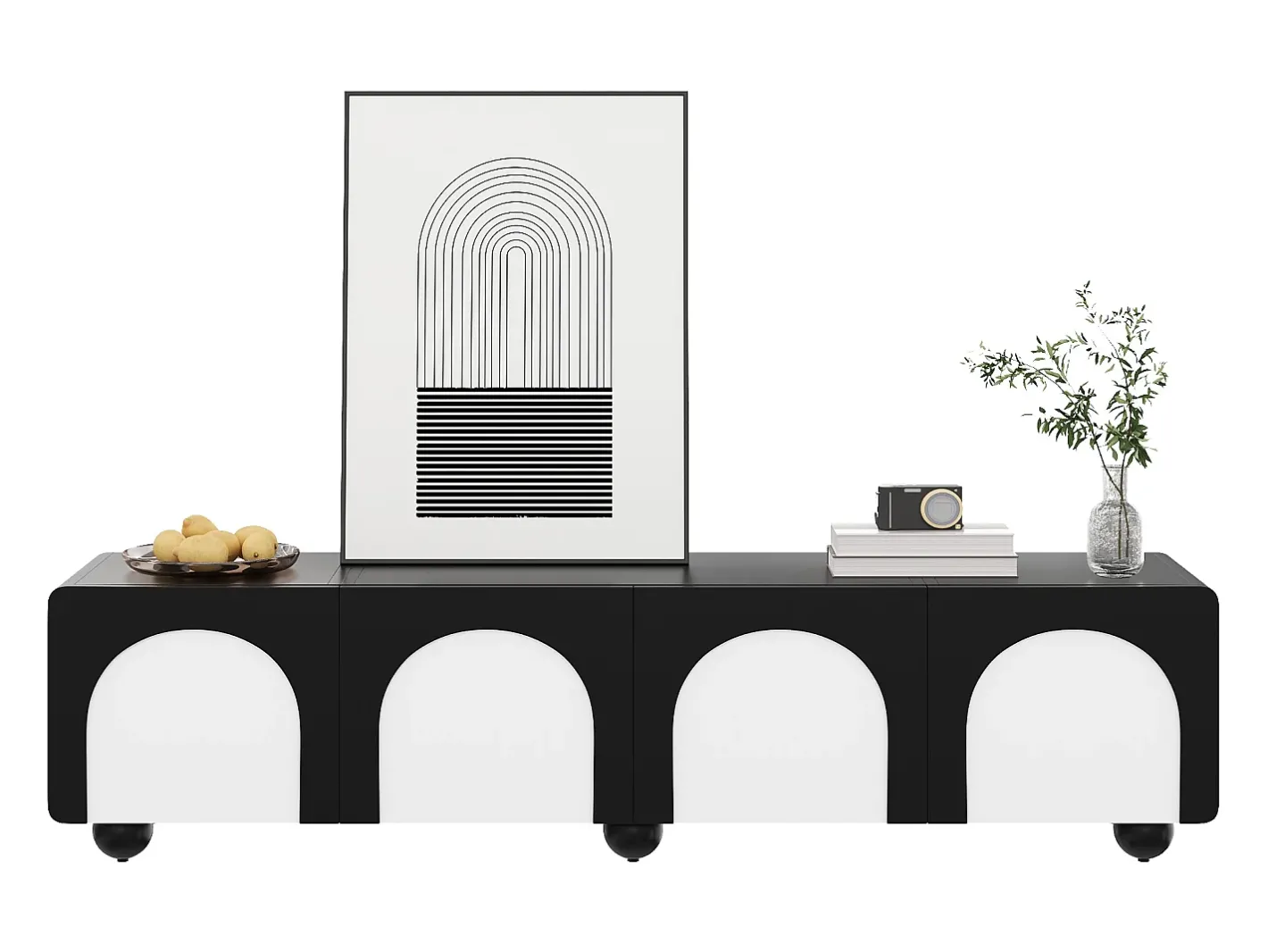 Móvel para TV 180x38x45 cm - 2 gavetas e 2 portas - Design bicor - Pés redondos - MDF + painéis de partículas - Preto e branco^ModernLuxe Hot