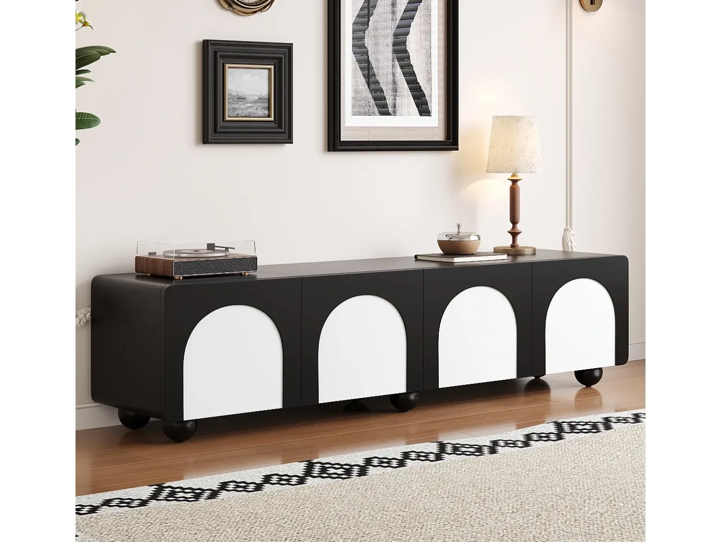 Móvel para TV 180x38x45 cm - 2 gavetas e 2 portas - Design bicor - Pés redondos - MDF + painéis de partículas - Preto e branco^ModernLuxe Hot