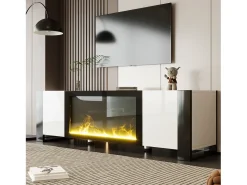 Hot Móvel para TV 165x32x55 cm - 2 portas - Com lareira elétrica efeito chama - Sem aquecimento - Branco + Preto Móvel De Tv
