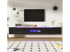 Móvel para TV 180x35x30 cm - acabamento brilhante - com iluminação LED 16 cores - montagem em parede - preto + branco Móvel De Tv