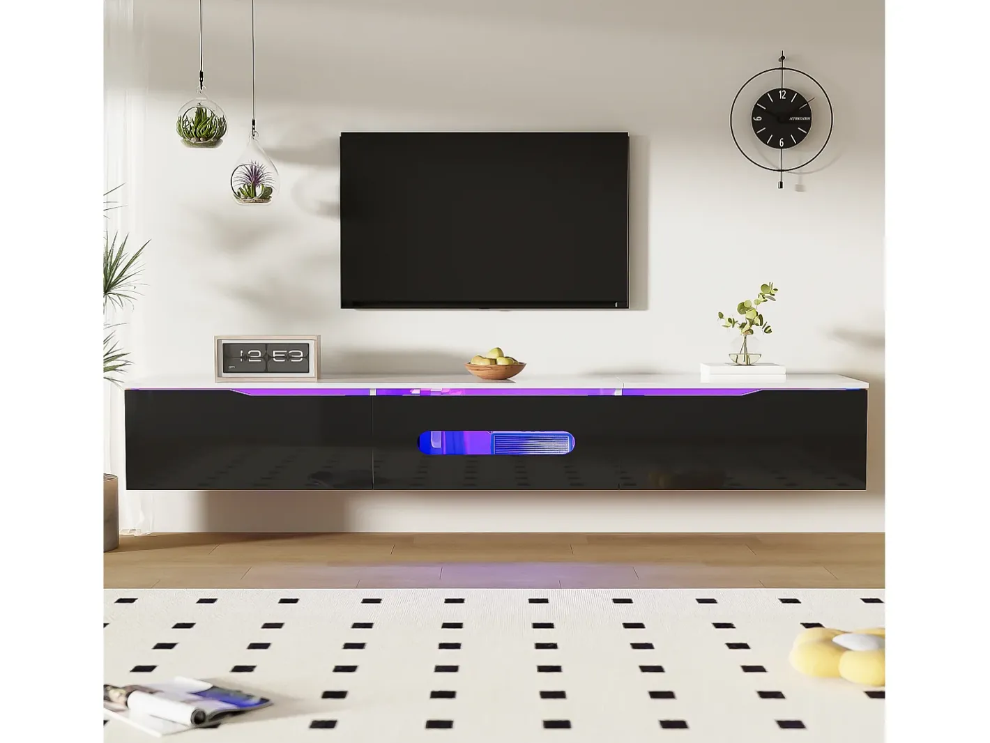 Móvel para TV 180x35x30 cm - acabamento brilhante - com iluminação LED 16 cores - montagem em parede - preto + branco Móvel De Tv