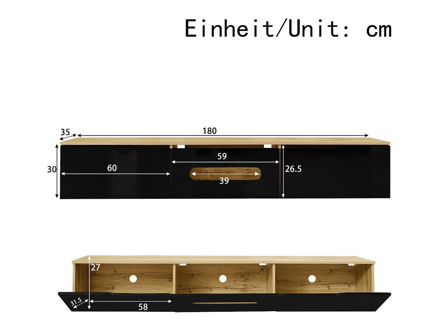 Móvel para TV 180x35x30 cm - acabamento brilhante - com iluminação LED 16 cores - montagem em parede - preto + natural^ModernLuxe Discount