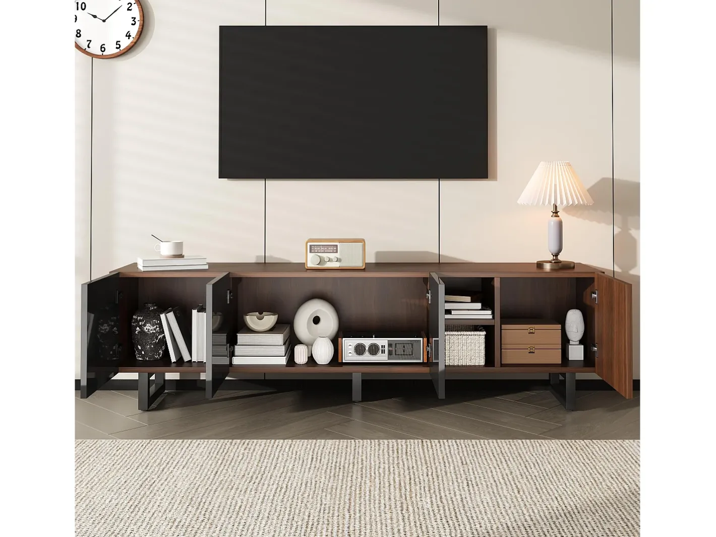 Móvel para TV 180x38x50 cm - com 4 portas - aspecto madeira - Portas de alto brilho - MDF + painéis de partículas - Natural + preto^ModernLuxe Clearance