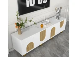 Móvel para TV 175x38x50cm - 4 portas - aspecto madeira vintage - Pés de madeira - MDF + painéis de partículas - Branco e natural Móvel De Tv