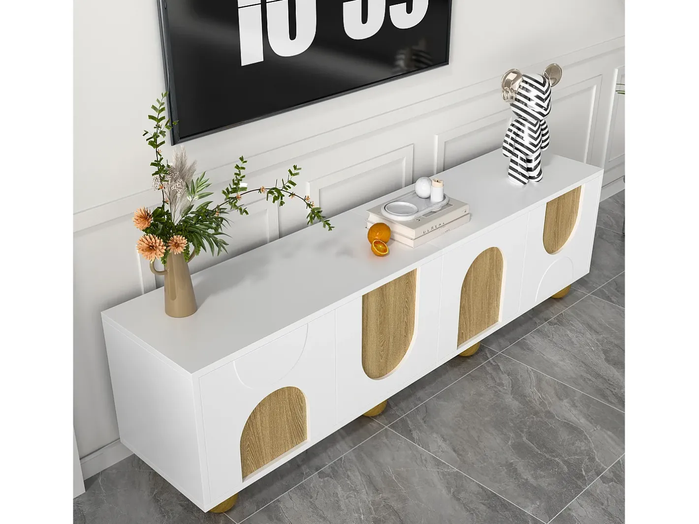 Móvel para TV 175x38x50cm - 4 portas - aspecto madeira vintage - Pés de madeira - MDF + painéis de partículas - Branco e natural Móvel De Tv