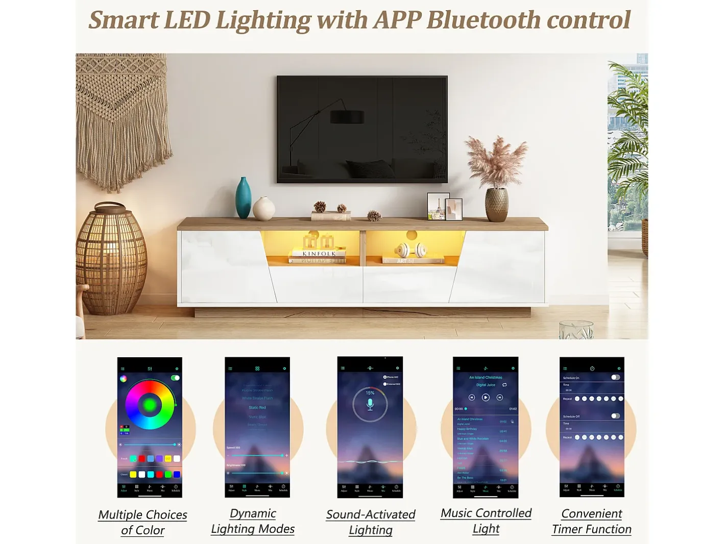 Móvel para TV 180x40x46cm - com 2 gavetas e 2 portas - com iluminação LED - acabamento brilhante - + natural^ModernLuxe
