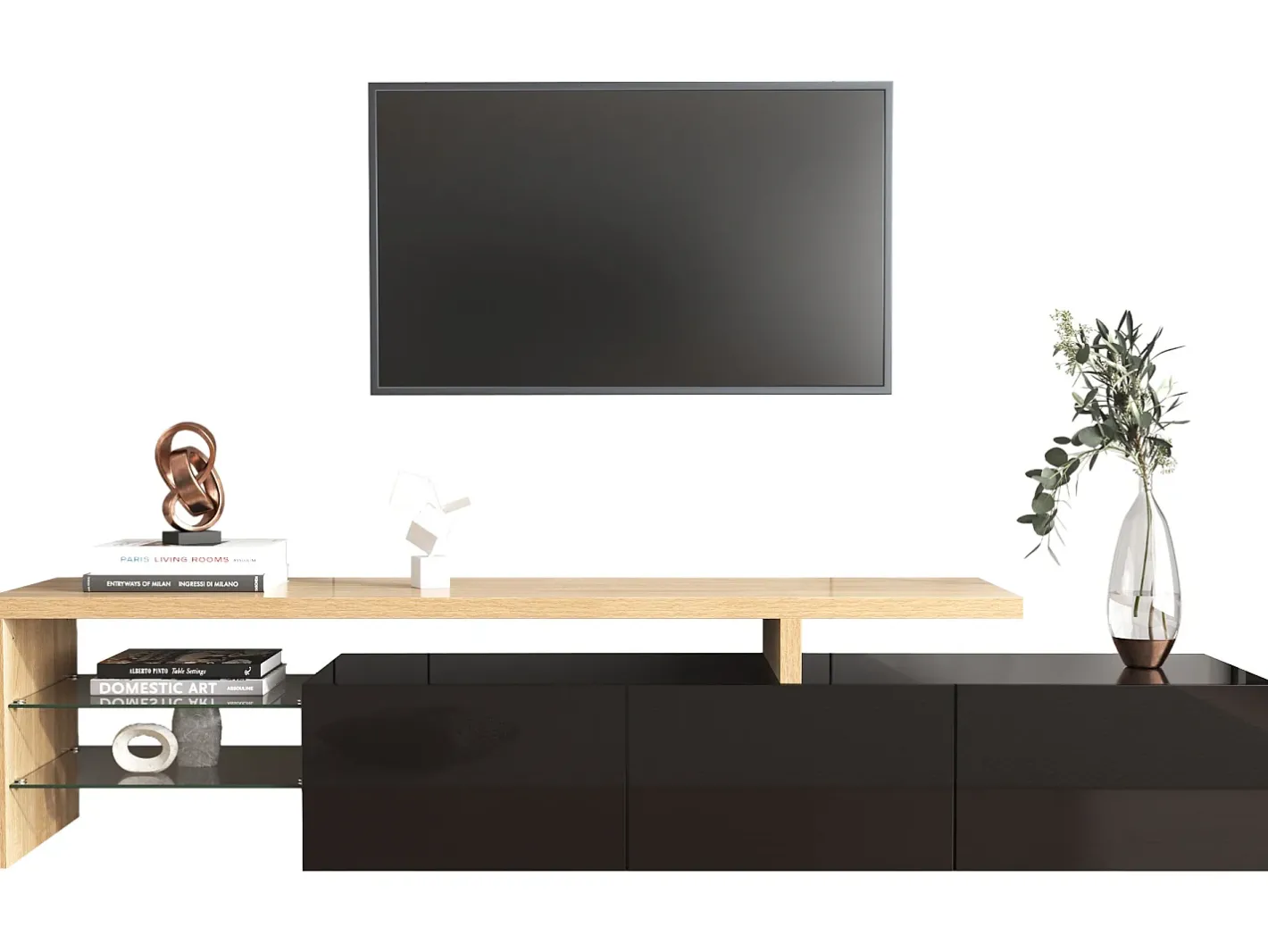Sale Móvel TV 200 cm - 3 portas e 2 compartimentos em vidro - estilo moderno - Preto e Natural Móvel De Tv