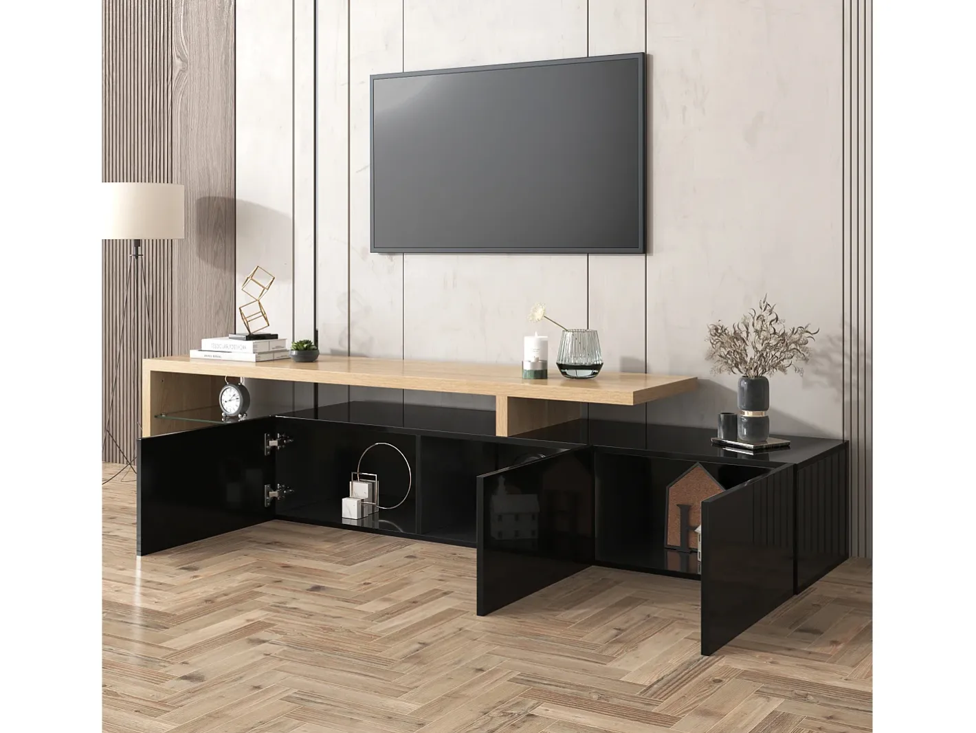 Sale Móvel TV 200 cm - 3 portas e 2 compartimentos em vidro - estilo moderno - Preto e Natural Móvel De Tv