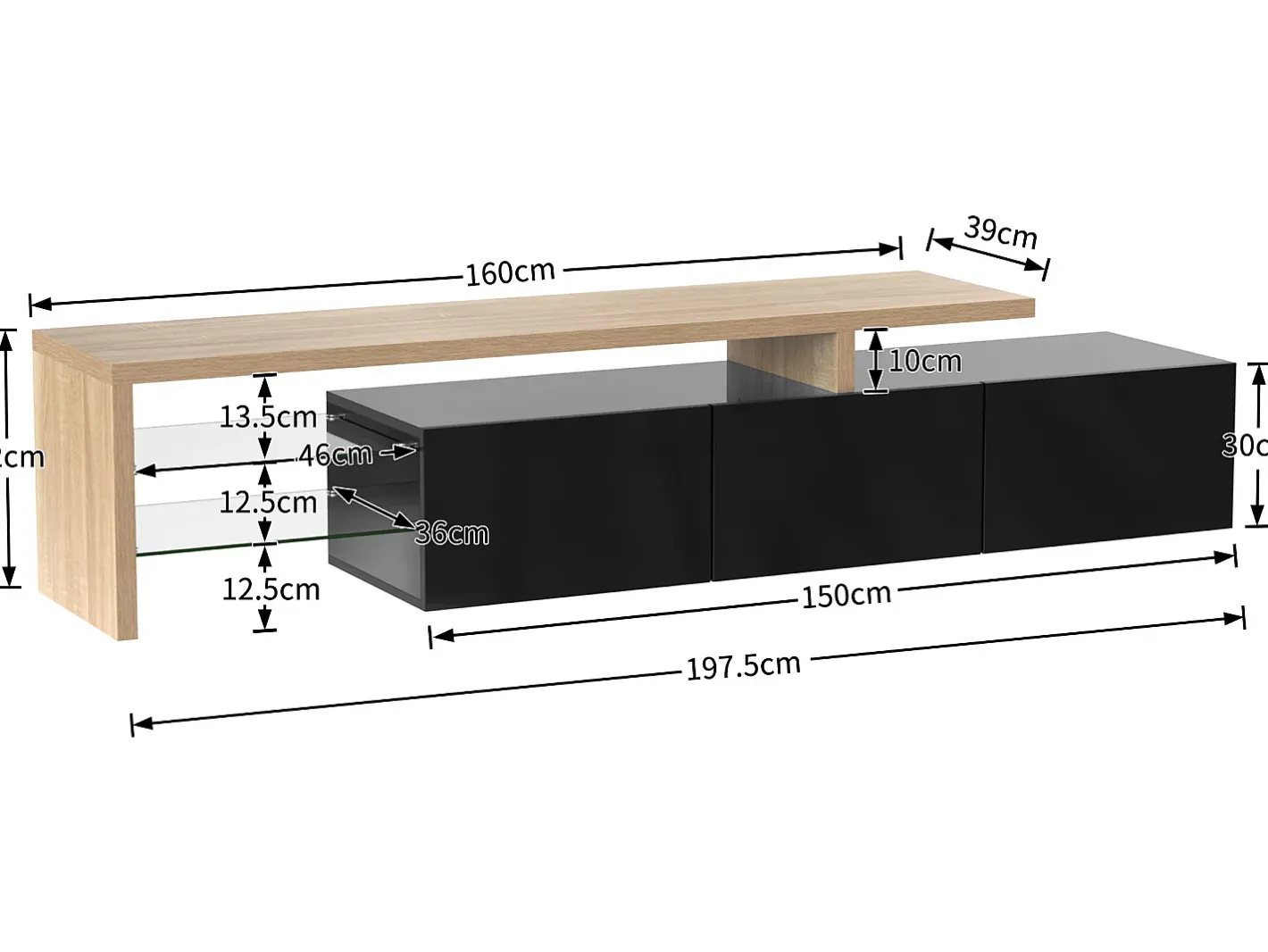 Sale Móvel TV 200 cm - 3 portas e 2 compartimentos em vidro - estilo moderno - Preto e Natural Móvel De Tv