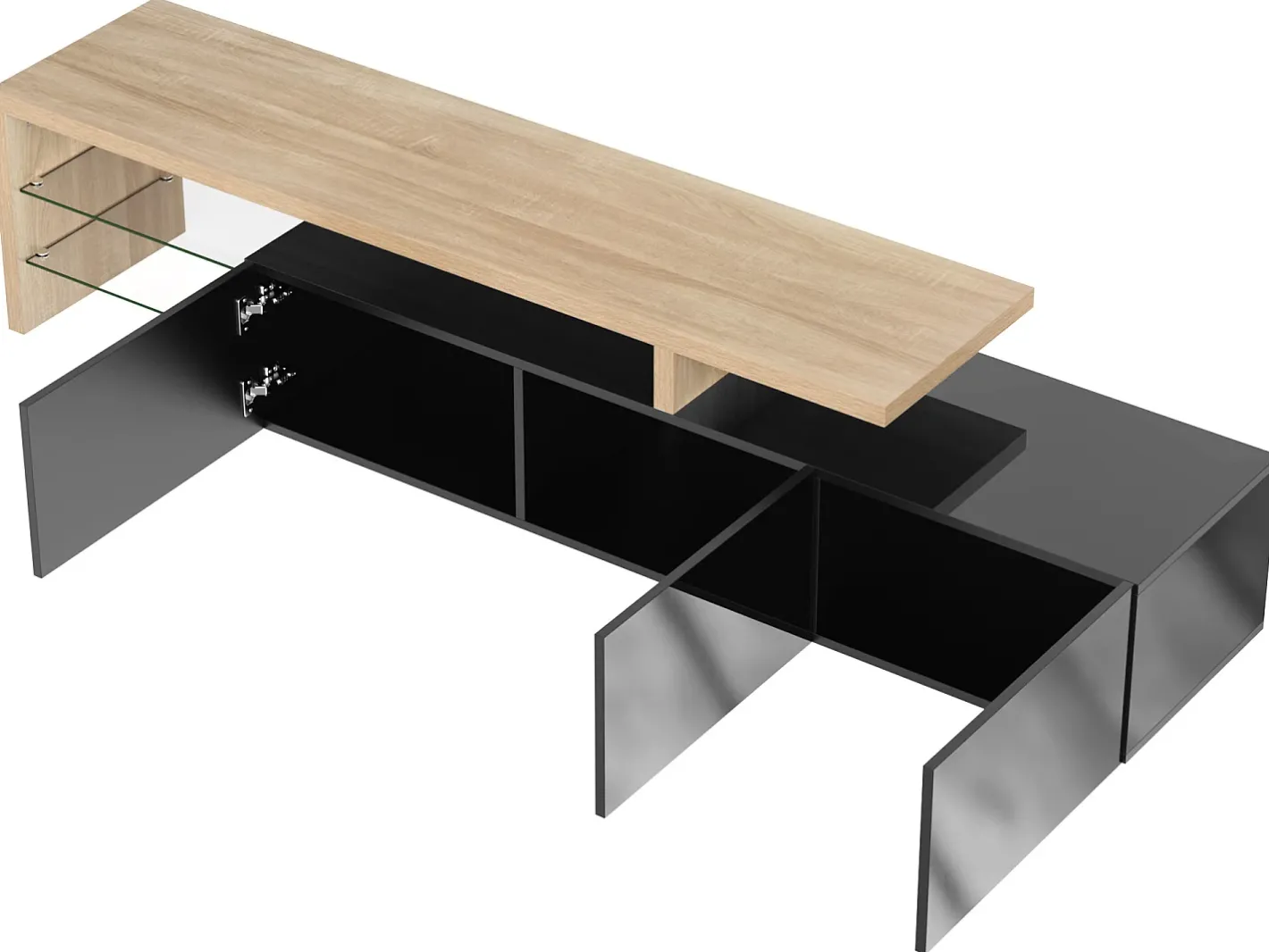 Sale Móvel TV 200 cm - 3 portas e 2 compartimentos em vidro - estilo moderno - Preto e Natural Móvel De Tv