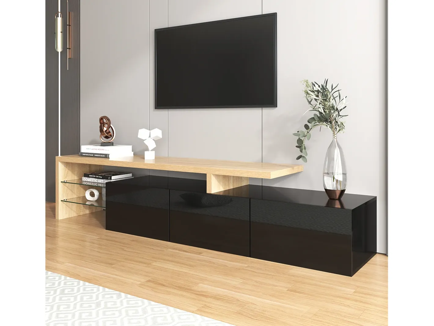 Sale Móvel TV 200 cm - 3 portas e 2 compartimentos em vidro - estilo moderno - Preto e Natural Móvel De Tv