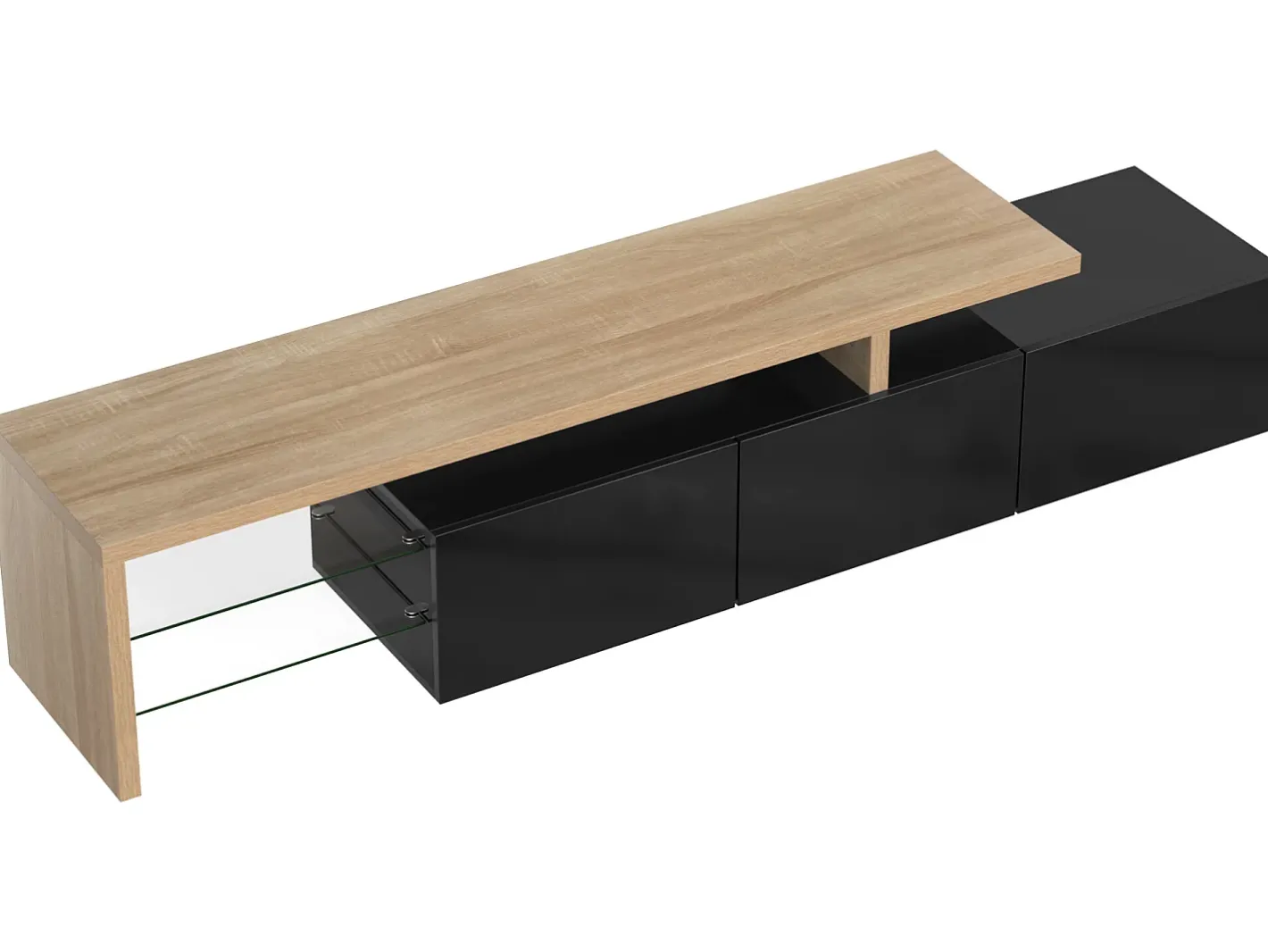 Sale Móvel TV 200 cm - 3 portas e 2 compartimentos em vidro - estilo moderno - Preto e Natural Móvel De Tv