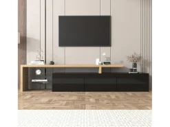 Sale Móvel TV 200 cm - 3 portas e 2 compartimentos em vidro - estilo moderno - Preto e Natural Móvel De Tv