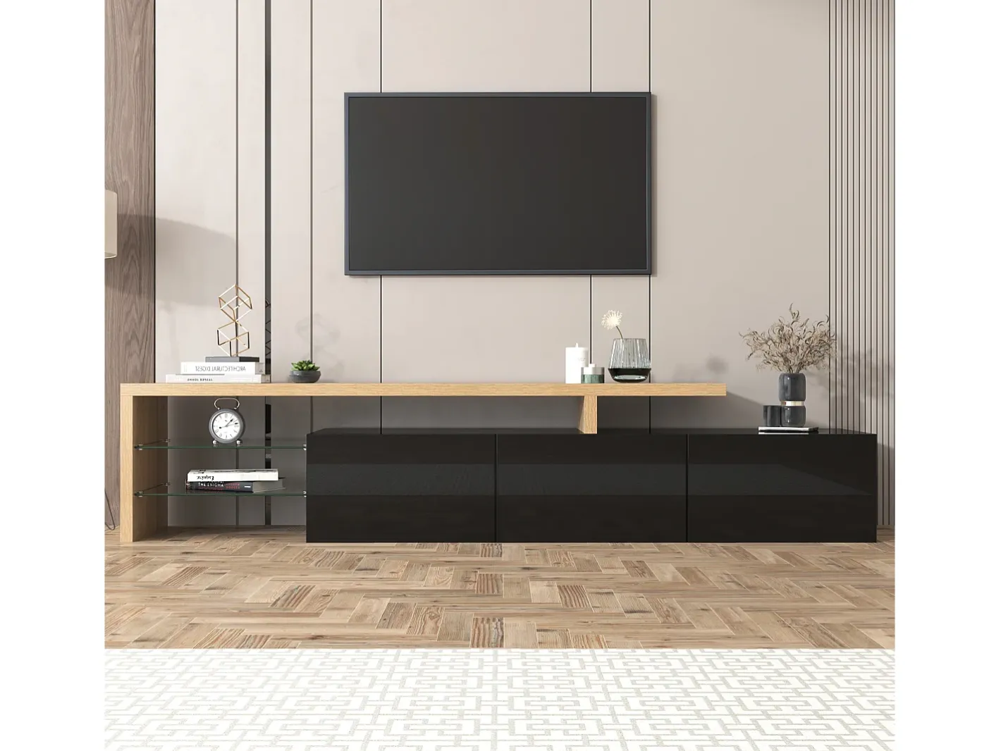 Sale Móvel TV 200 cm - 3 portas e 2 compartimentos em vidro - estilo moderno - Preto e Natural Móvel De Tv