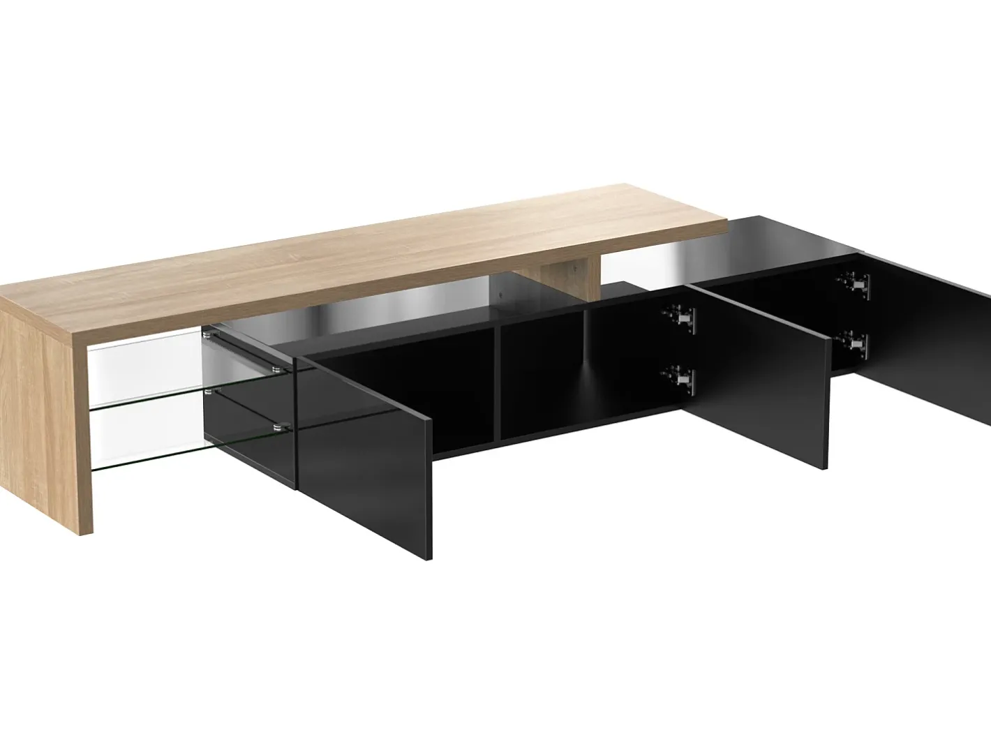 Sale Móvel TV 200 cm - 3 portas e 2 compartimentos em vidro - estilo moderno - Preto e Natural Móvel De Tv