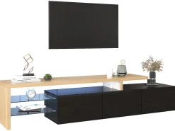 Sale Móvel TV 200 cm - 3 portas e 2 compartimentos em vidro - estilo moderno - Preto e Natural Móvel De Tv