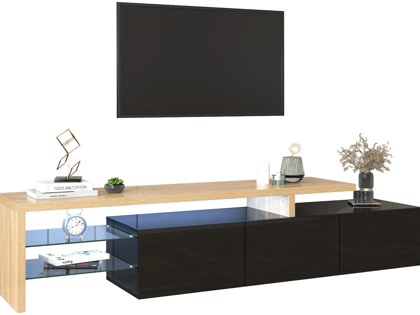 Sale Móvel TV 200 cm - 3 portas e 2 compartimentos em vidro - estilo moderno - Preto e Natural Móvel De Tv