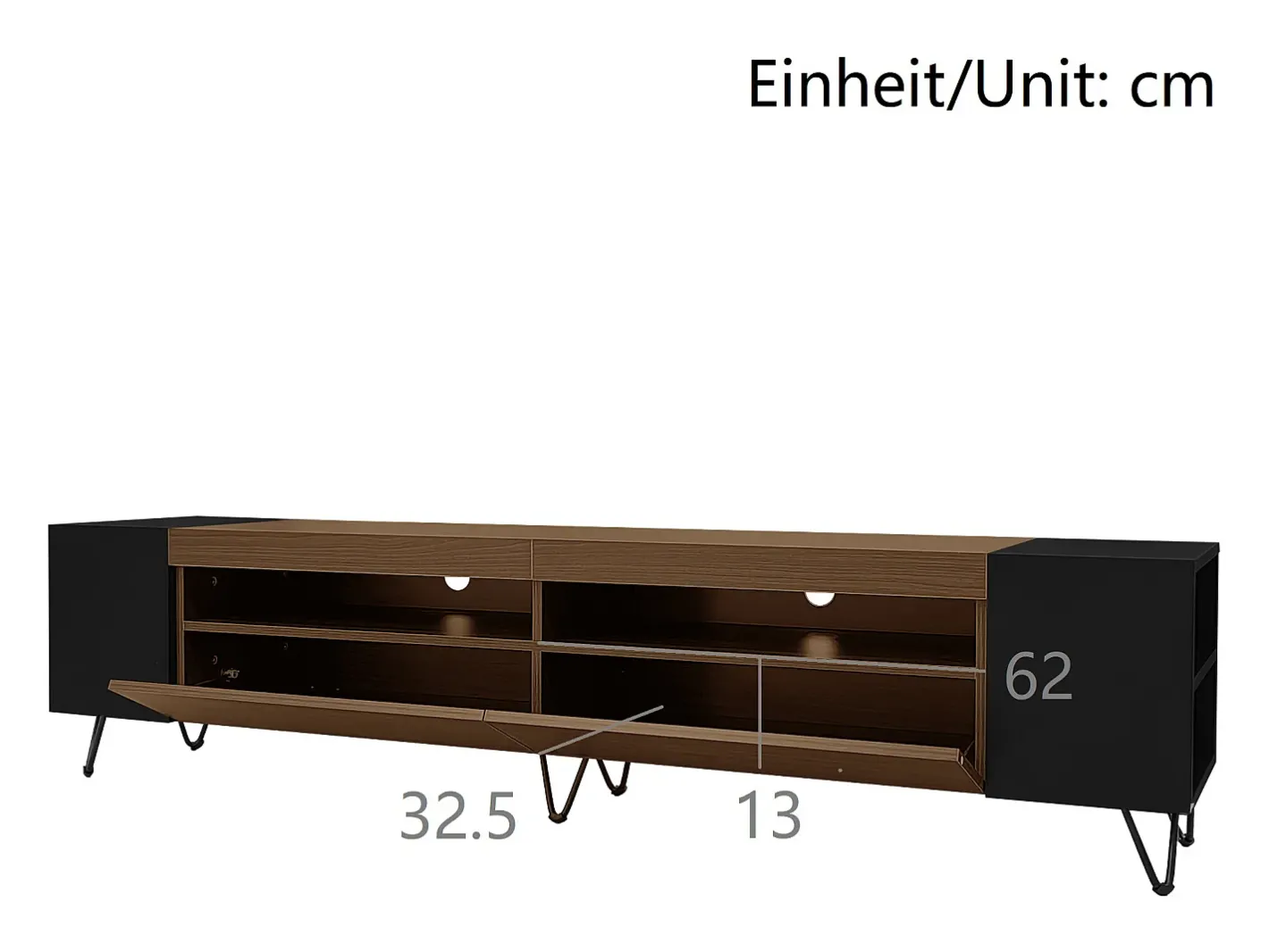 Hot Móvel TV 180 cm - uma porta basculante e 4 compartimentos abertos em ambos os lados - Preto e Natural Móvel De Tv