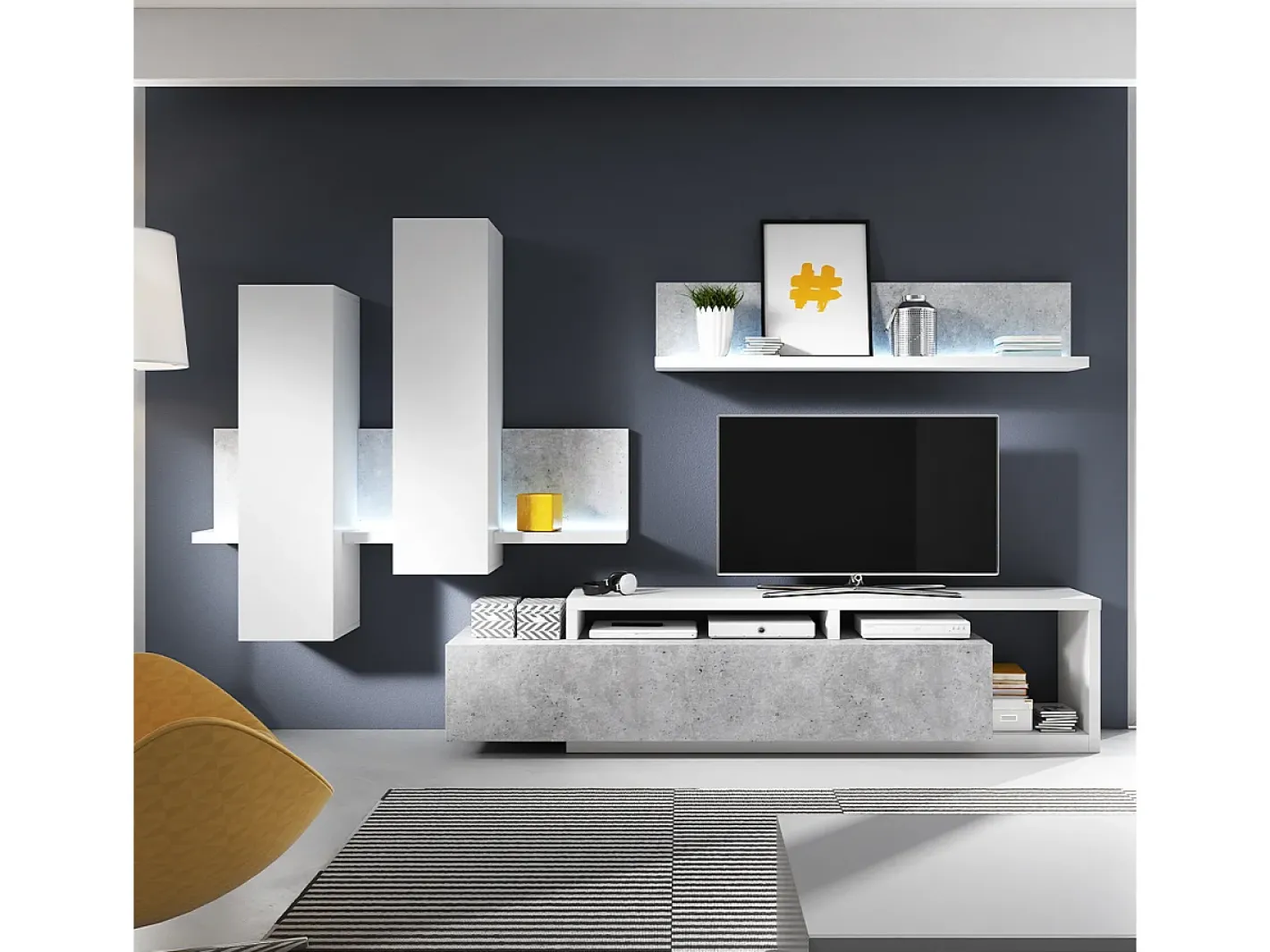 Petits-Meubles Móvel De Tv*Móvel TV 1 gaveta Ilyes branco e betão 219cm Cinzento