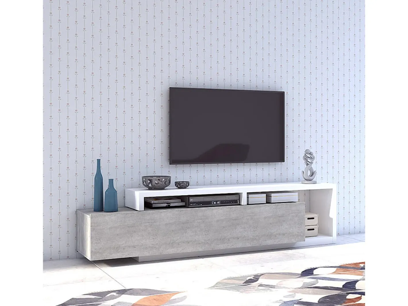 Petits-Meubles Móvel De Tv*Móvel TV 1 gaveta Ilyes branco e betão 219cm Cinzento