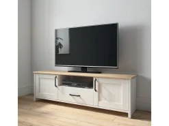 Móvel TV 2 portas 1 gaveta Aksel branco e madeira 160cm^Petits-Meubles Online