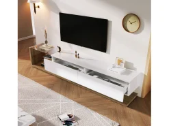 Móvel TV 170cm com LED e divisória em vidro - 2 gavetas - Branco e Natural Móvel De Tv