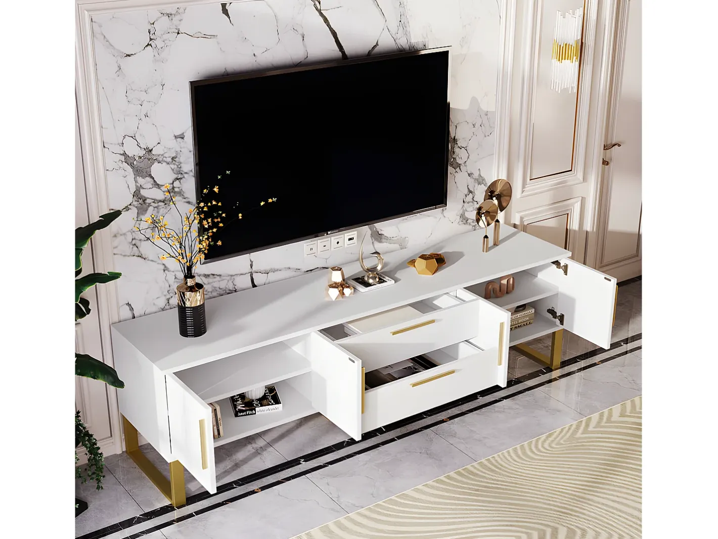New Móvel TV L 170cm - aspecto brilhante - 4 portas texturadas gravadas com puxadores dourados - Móvel De Tv