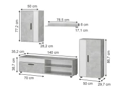 Vicco Móvel De Tv*Parede da sala de estar betão 140x35.2x38.7 berno Cinzento claro