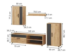 Vicco Móvel De Tv*Parede da sala de estar carvalho goldkraft/antracite 140x35.2x38.7 berno Natural escuro