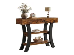 Tribesigns Consola*Pequena mesa de apoio de 105 cm para o hall, mesa de sofá rústica com 3 níveis Castanho