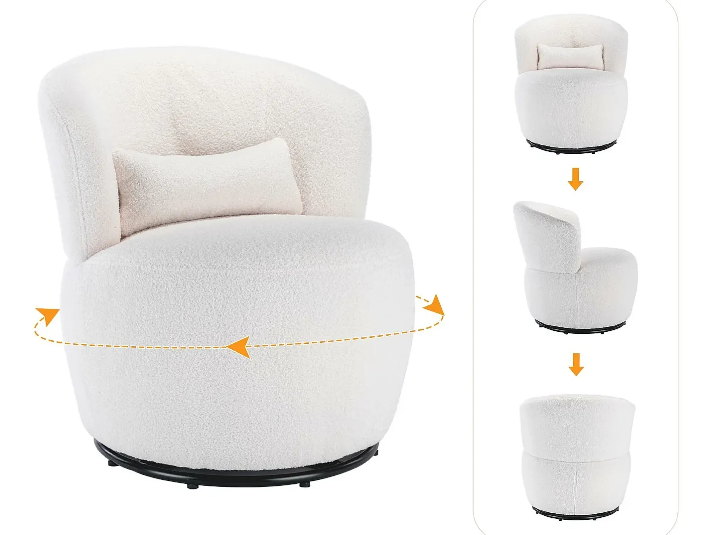 Poltrona giratória - cadeira de relaxamento para sala - almofadada com pelúcia - com base giratória metálica + com almofada lombar -^ModernLuxe Discount