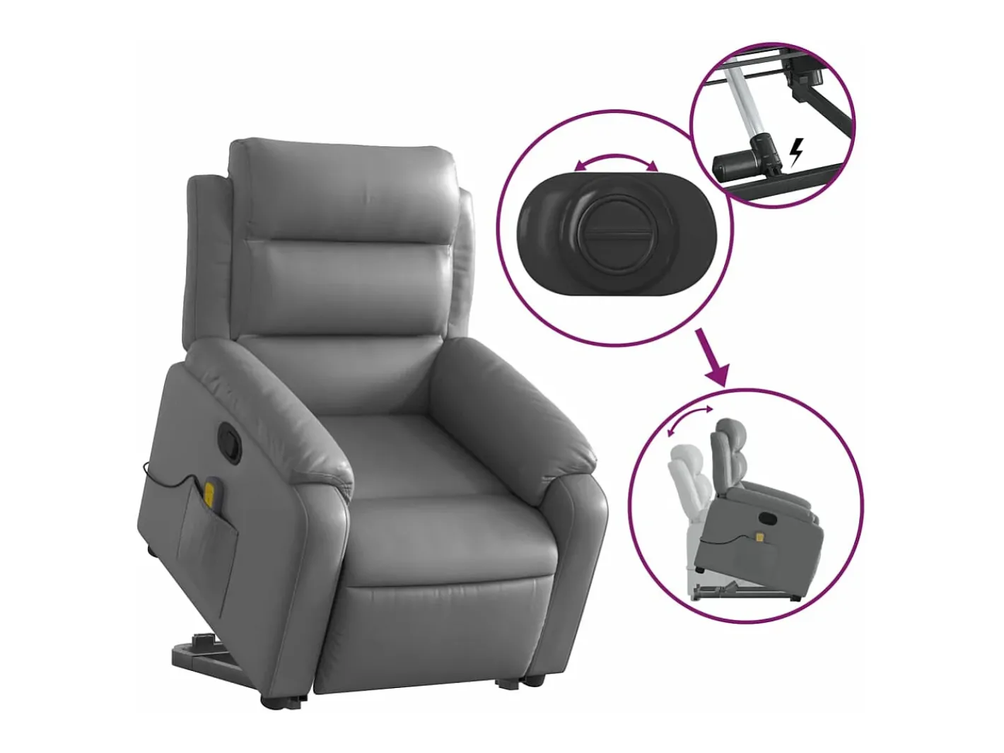 vidaxl Poltrona*Poltrona massagens reclinável elevatória couro artif. Cinzento