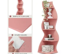 Tribesigns Biblioteca*Prateleira de Cantinho Ondulada, Estante Moderna de 5 Andares com Forma Curva, Suporte para Plantas Exibidor Único Rosa