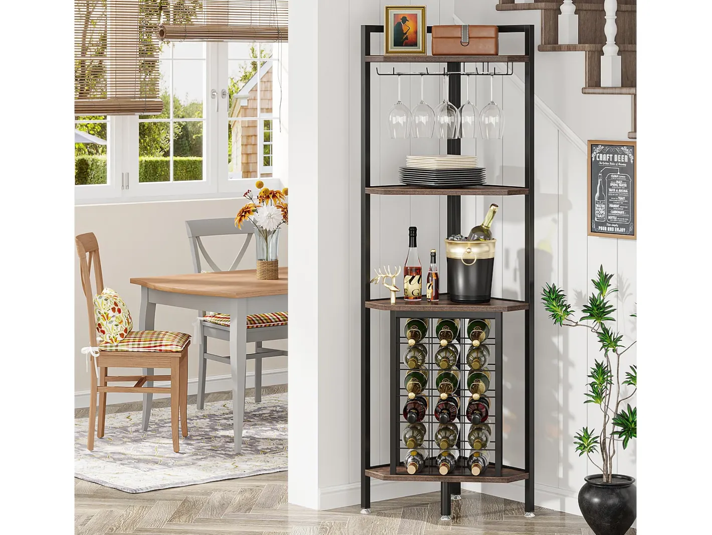 Prateleira de canto com suporte para garrafas e prateleiras de arrumação, bar de canto de 4 níveis, prateleira de canto independente para sala de estar, sala de jantar, cozinha^Tribesigns Discount