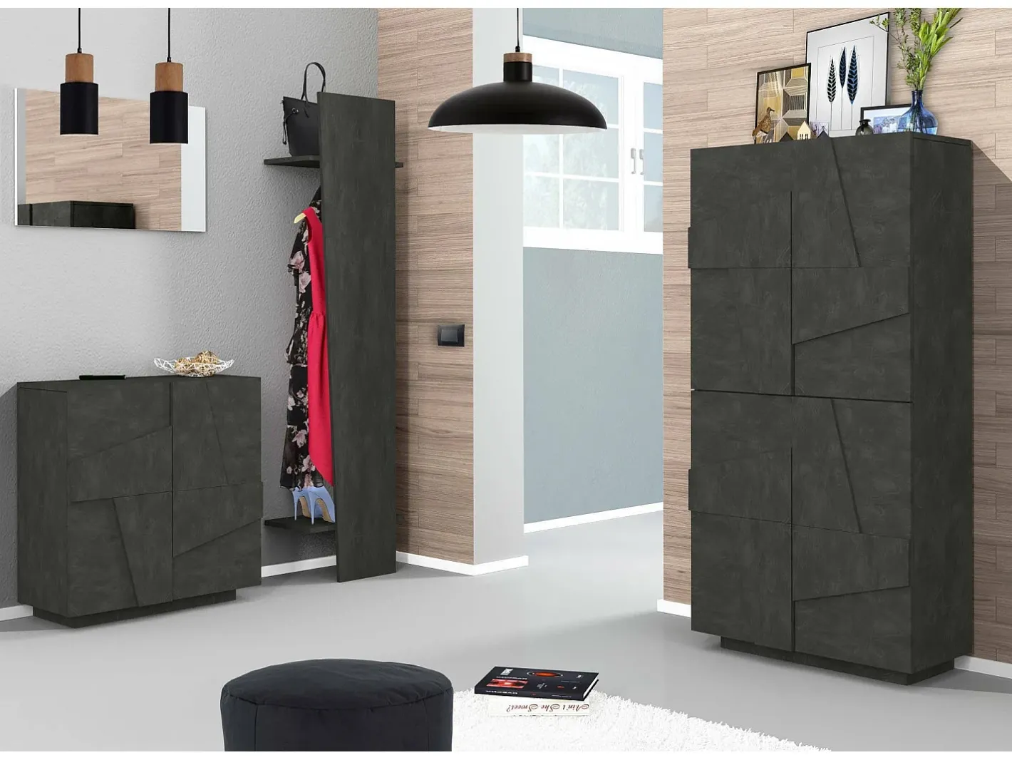 Sapateira Dfogl, Armário multiuso com 2 portas, Sapateira de entrada, 100% Fabricado na Itália, 81x38h86 cm, Ardósia com detalhe Móvel De Arrumação|Sapateira