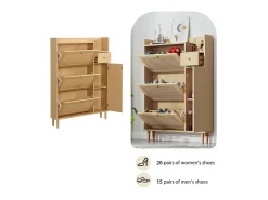 Sapateira em madeira e rattan - 3 portas de batente e 1 gaveta - prateleira ajustável - Natural*ModernLuxe