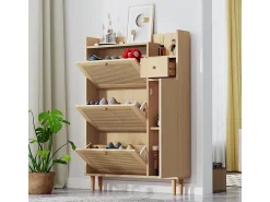 Sapateira em madeira e rattan - 3 portas de batente e 1 gaveta - prateleira ajustável - Natural*ModernLuxe