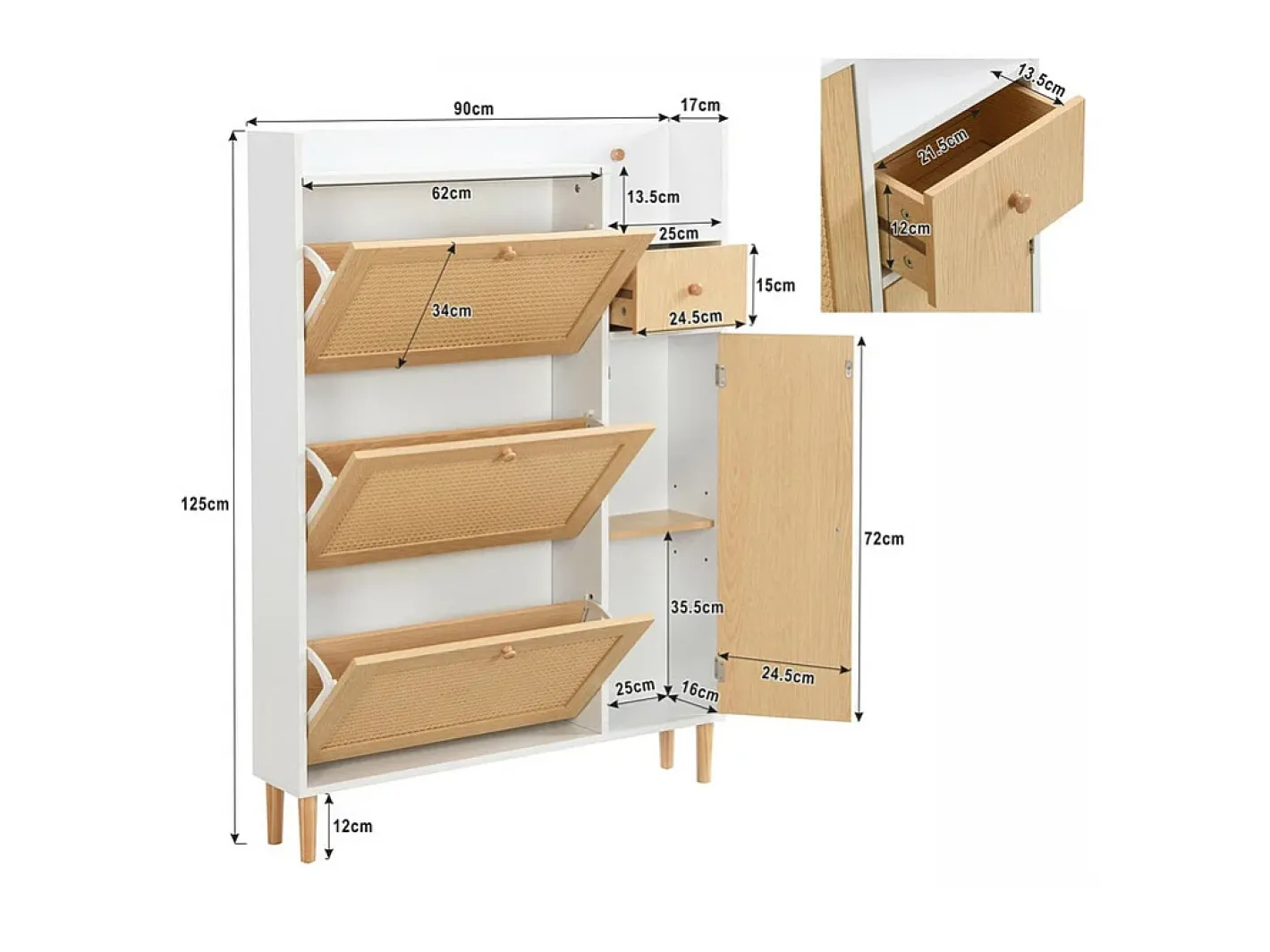 Clearance Sapateira em madeira e rattan - 3 portas de aba e 1 gaveta - prateleira ajustável - Natural & Branco Móvel De Arrumação|Sapateira