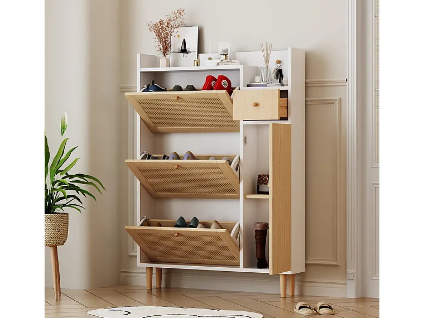 Clearance Sapateira em madeira e rattan - 3 portas de aba e 1 gaveta - prateleira ajustável - Natural & Branco Móvel De Arrumação|Sapateira