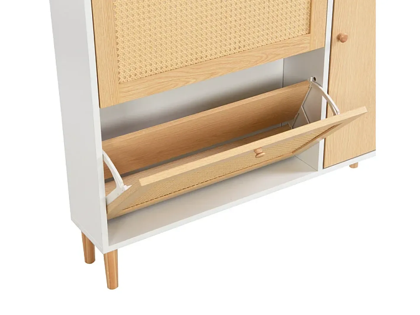 Clearance Sapateira em madeira e rattan - 3 portas de aba e 1 gaveta - prateleira ajustável - Natural & Branco Móvel De Arrumação|Sapateira